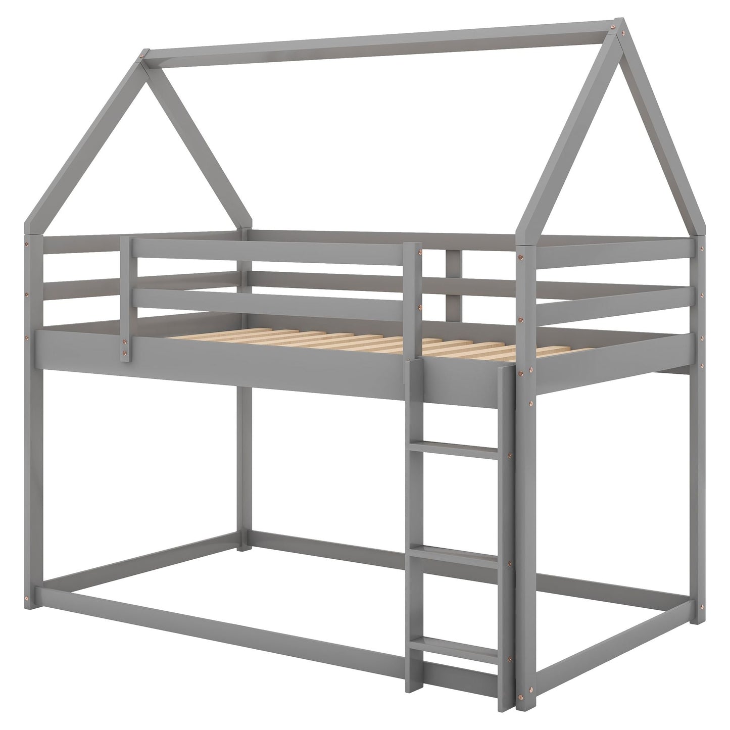 House-Style Twin Over Twin Low Wood Bunk Bed with Ladder, Gray | Just Better Bunk Beds