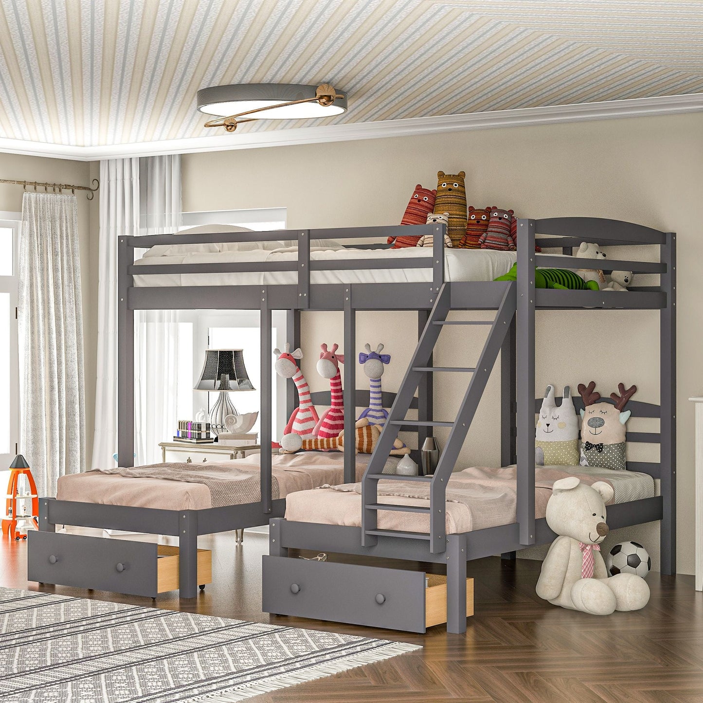 Triple Bunk Full Over Twin Over Twin Wood Bed with Drawers, Gray | Just Better Bunk Beds