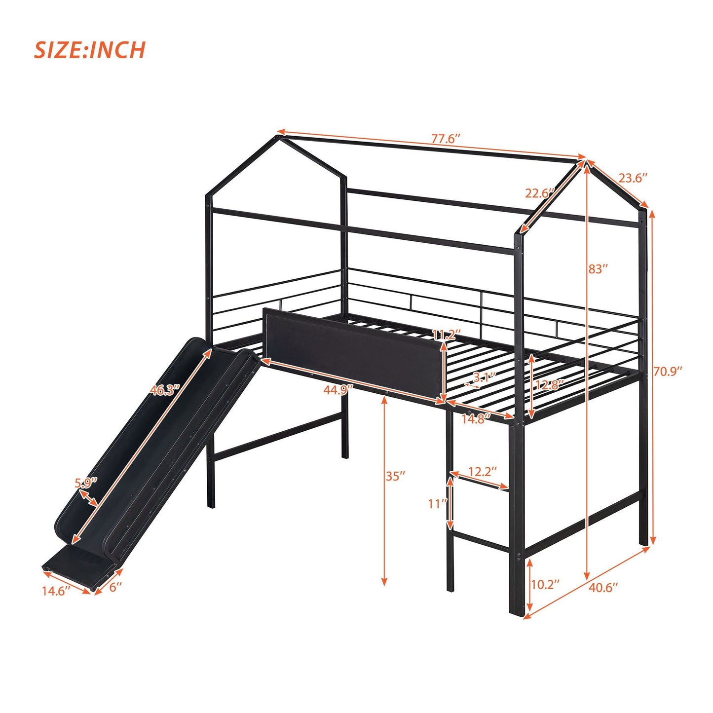 Metal House Bed With Slide,  Twin Size Metal Loft Bed with Two-sided writable Wooden Board (Black )