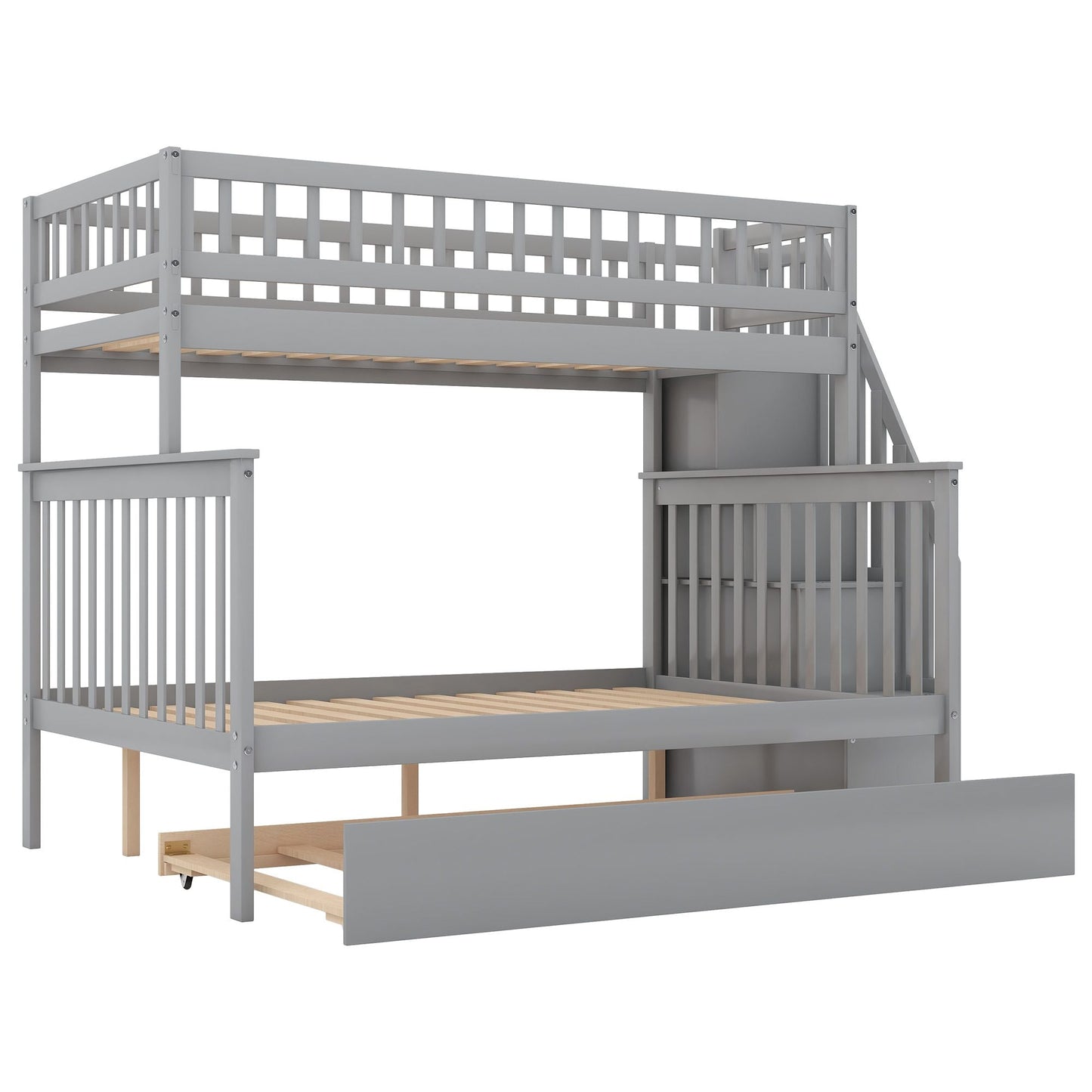 Shared Room Solution Twin Over Full Wood Bunk Bed with Trundle and Staircase, White | Just Better Bunk Beds