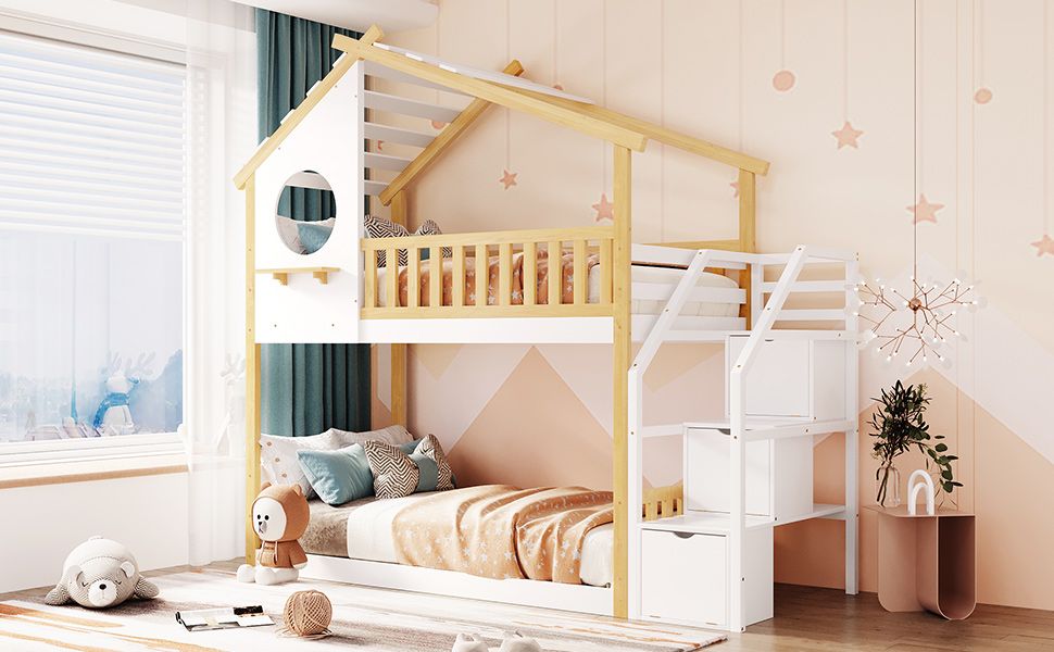 Staircase Storage Twin Over Twin Wood Bunk Bed with House Style, Storage, and Guard Rail, Natural and White | Just Better Bunk Beds