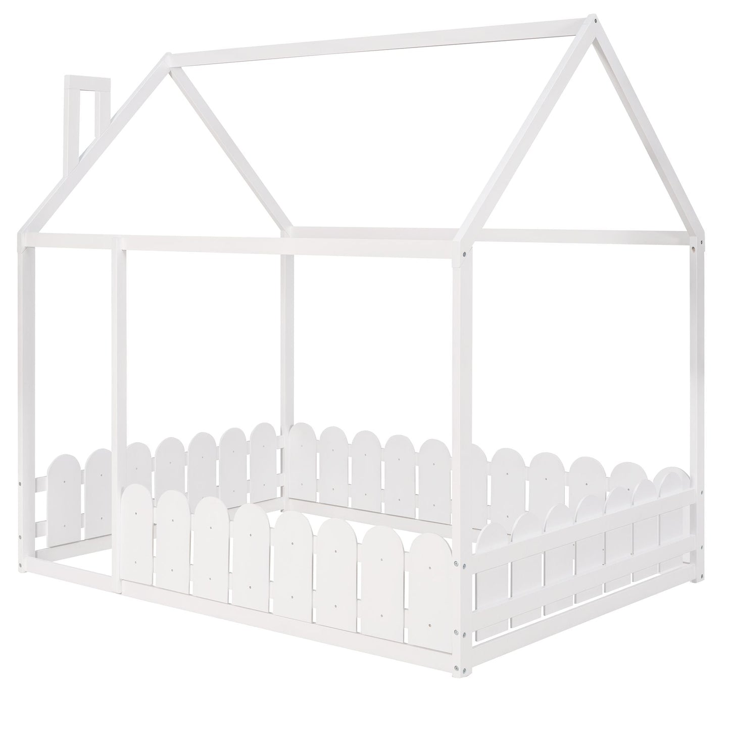 Kids Bedroom Full Wood Bed Frame with Protective Fence, White | Just Better Bunk Beds