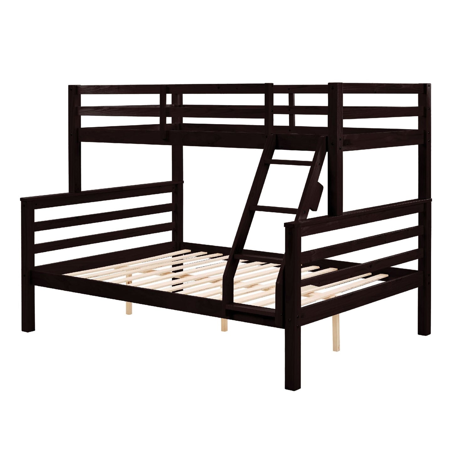 Durable Twin Over Full Wood Bunk Bed with Thick Posts, High Guardrail, Ladder, Espresso | Just Better Bunk Beds