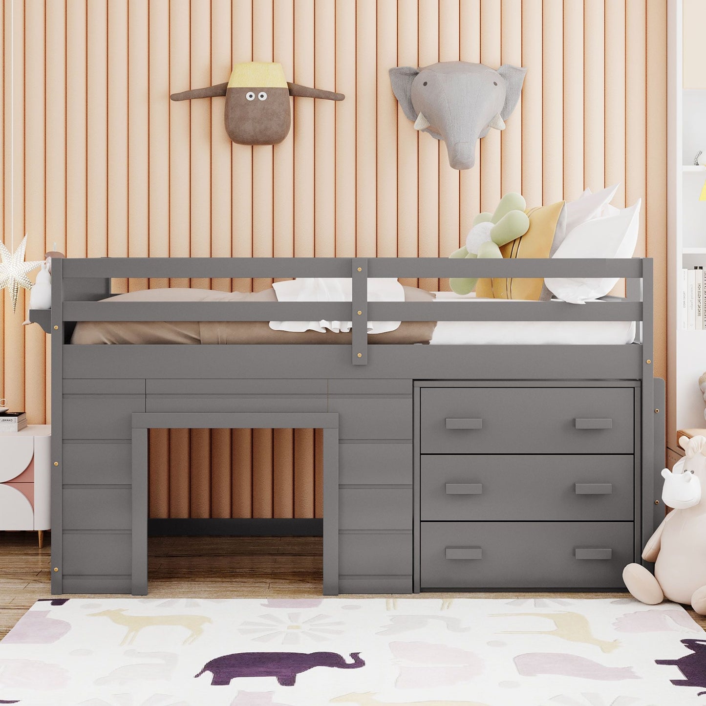 Kids Bedroom Twin Wood Loft Bed with Cabinet and Shelf, White | Just Better Bunk Beds