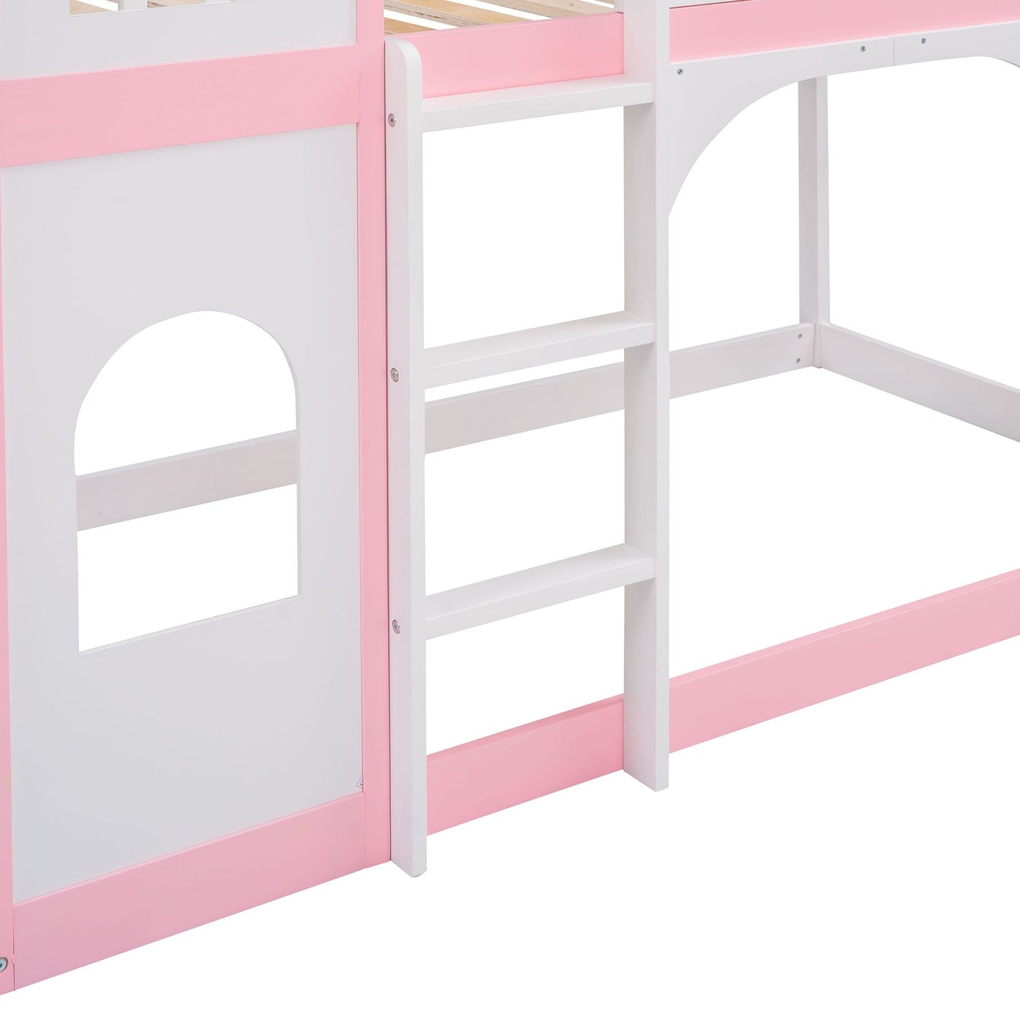House-Style Twin Over Twin Wood Castle Bunk Bed with Ladder, Pink | Just Better Bunk Beds