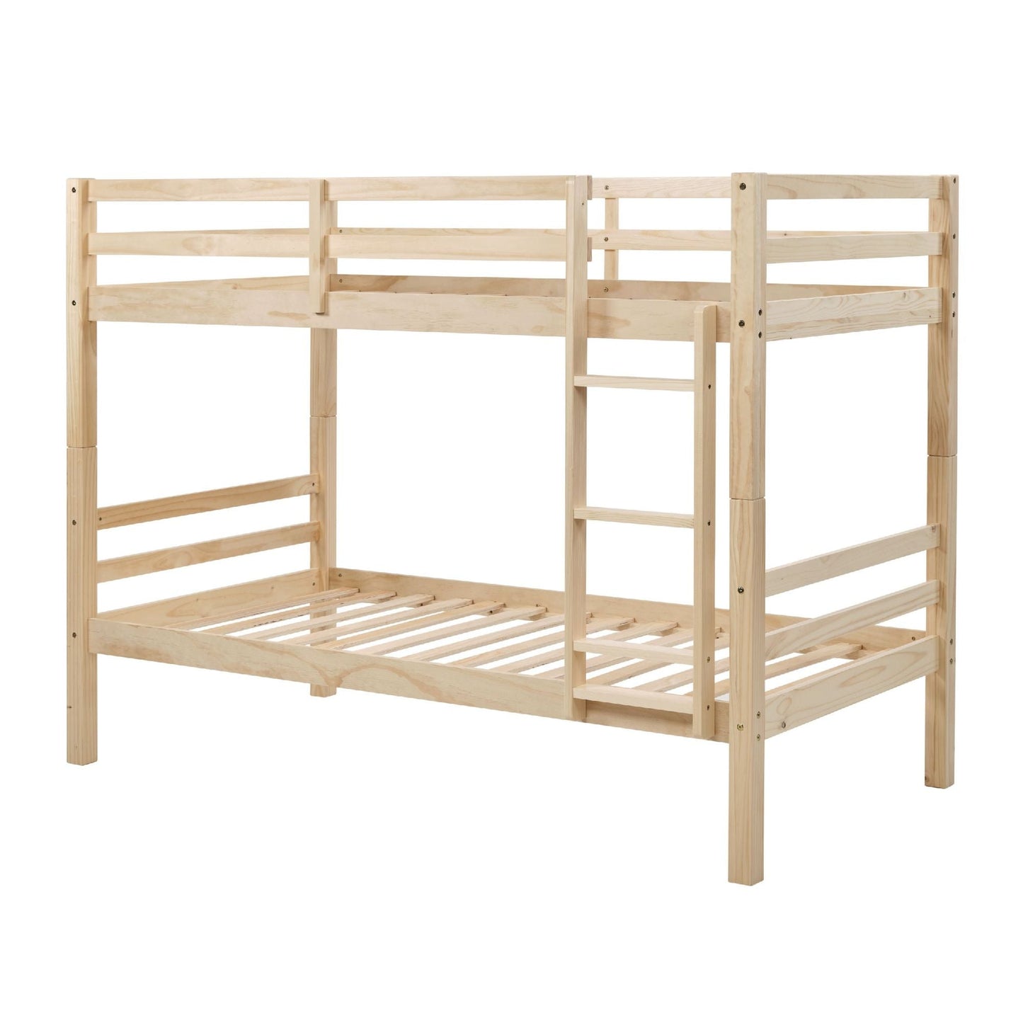 Heavy-Duty Twin Over Twin Wood Bunk Bed, Natural with Thick Posts, Ladder, and High Guardrail | Just Better Bunk Beds
