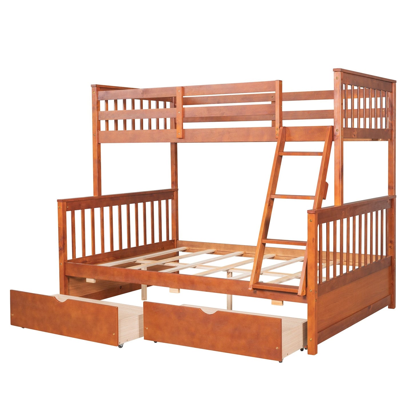 Space-Saving Twin Over Full Wood Bunk Bed with Ladders and Storage Drawers, Walnut | Just Better Bunk Beds
