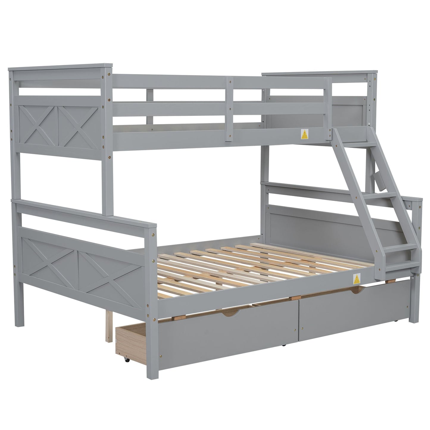 Heavy-Duty Twin Over Full Wood Bunk Bed with Ladder, Storage Drawers, Safety Guardrail, Gray | Just Better Bunk Beds