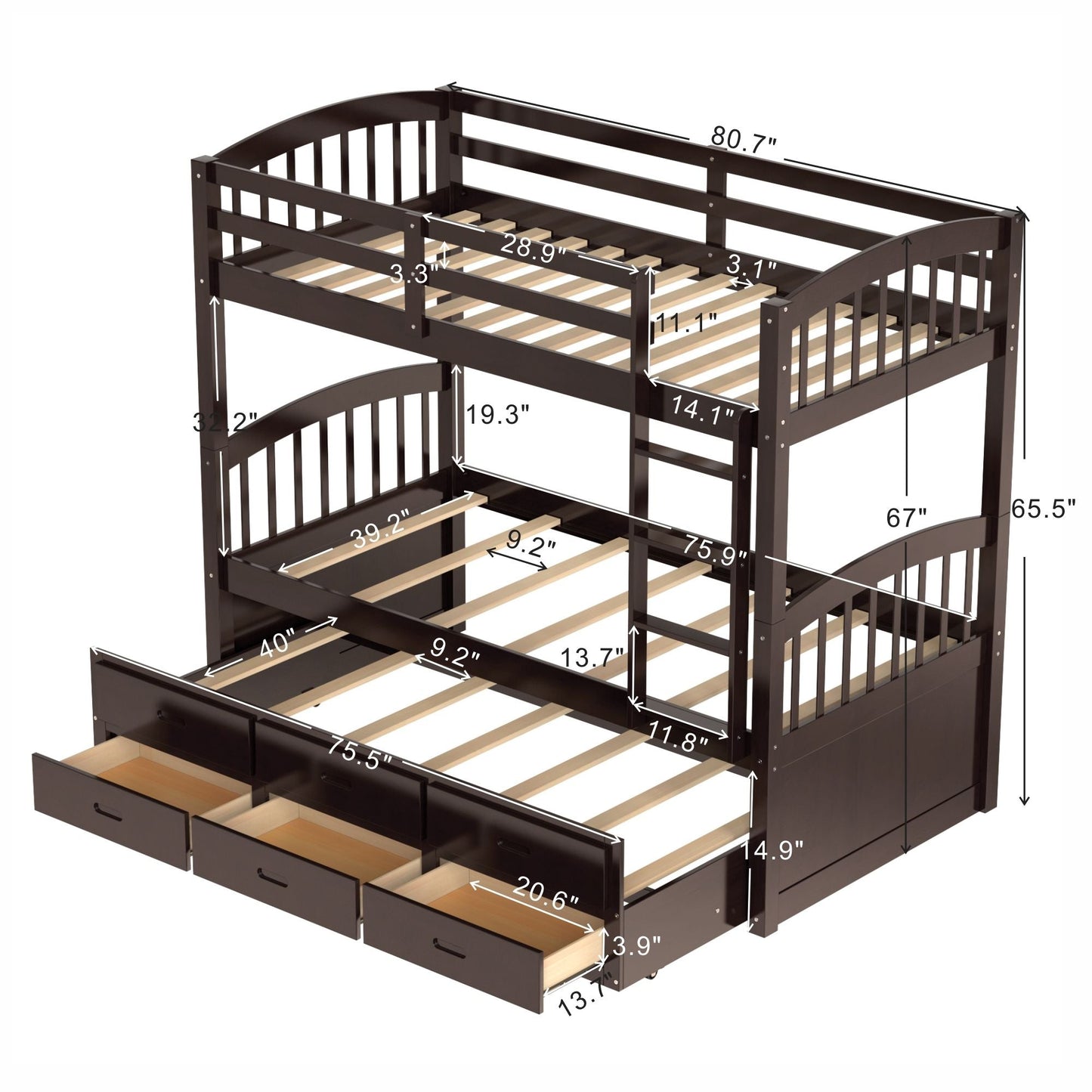 Space-Saving Twin Over Twin Wood Bunk Bed with Trundle and Drawers, White | Just Better Bunk Beds
