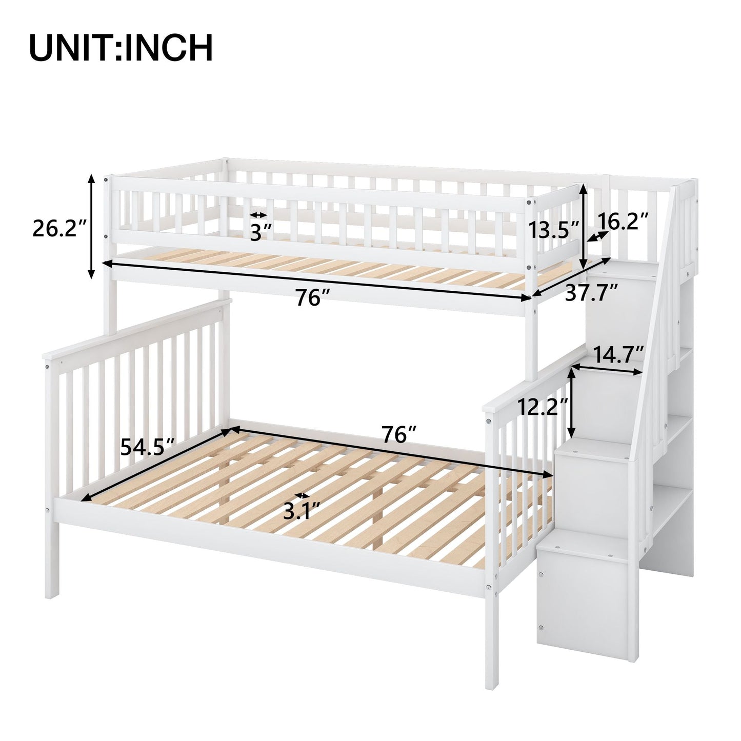 Staircase Storage Twin Over Full Wood Bunk Bed with Storage, White | Just Better Bunk Beds