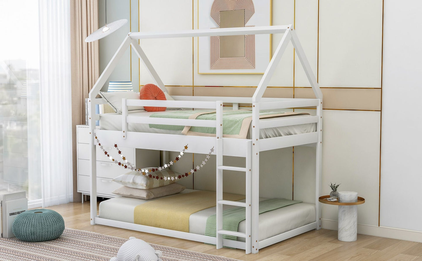 House-Style Low Twin Over Twin Wood Bunk Bed with Ladder, White | Just Better Bunk Beds