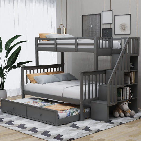 Staircase Storage Twin Over Full Wood Bunk Bed with Trundle, Storage, and Guard Rail, Gray | Just Better Bunk Beds