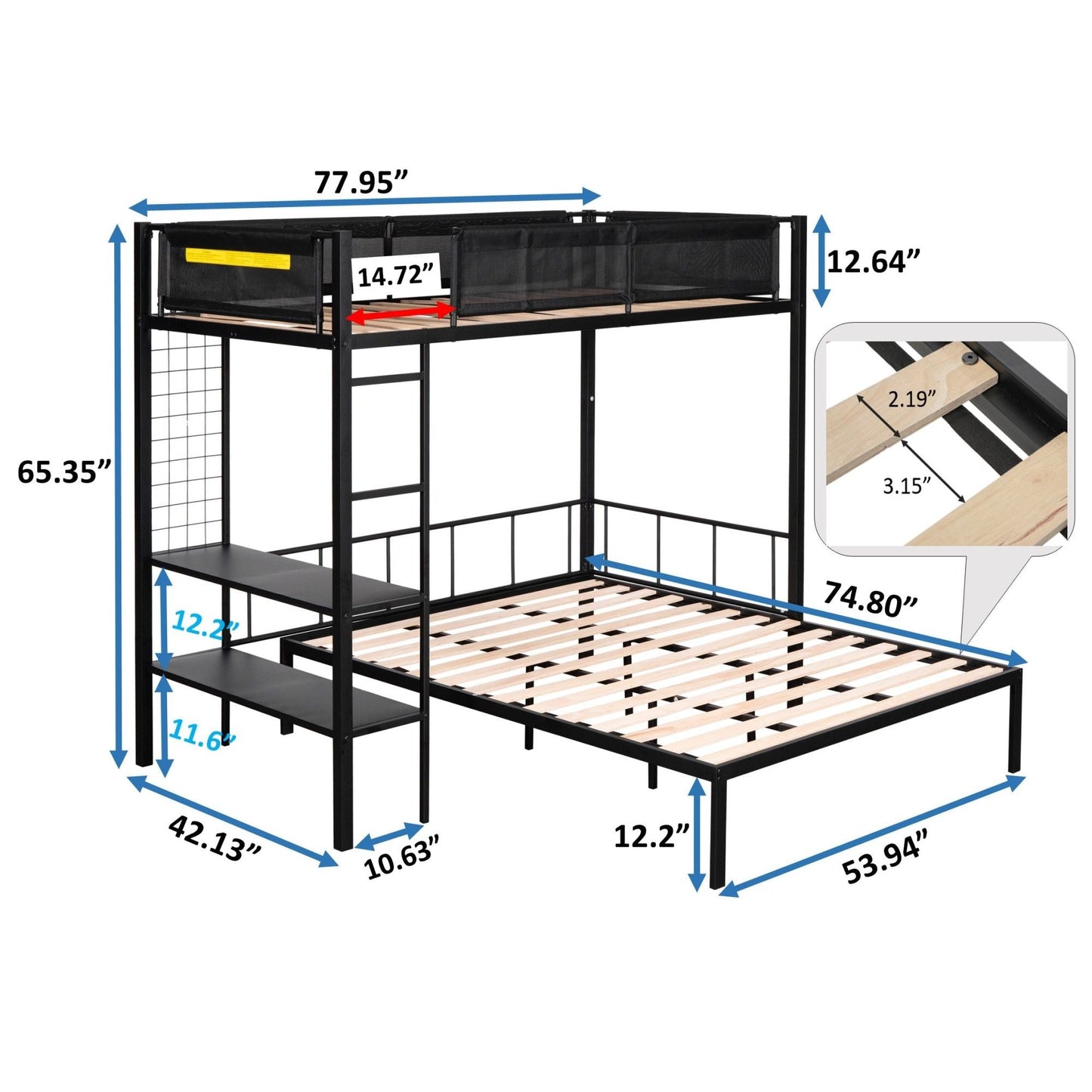 Heavy-Duty Twin Over Full Metal and Wood Bunk Bed with Shelves, Grid Panel, and Noise-Free Wood Slats, Black | Just Better Bunk Beds