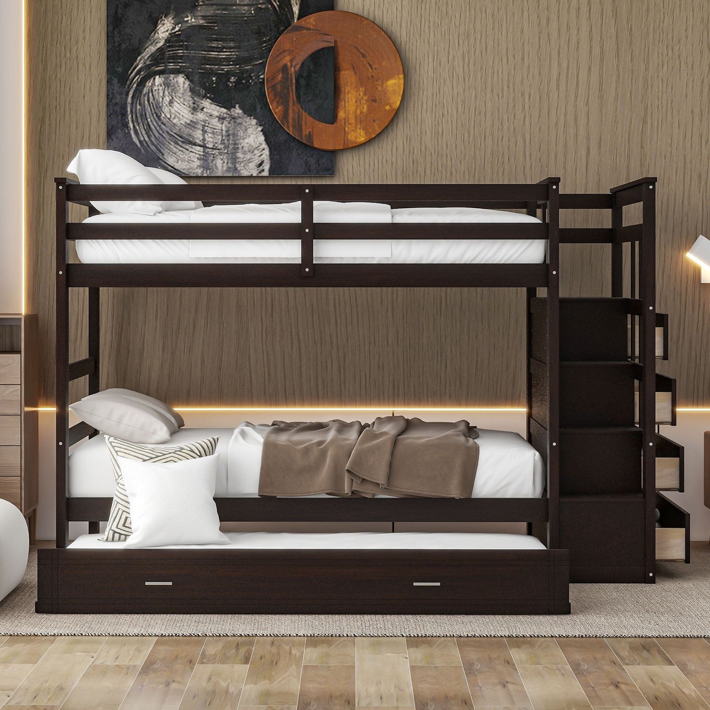 Shared Room Solution Twin Over Twin Wood Bunk Bed with Trundle and Staircase, Espresso | Just Better Bunk Beds