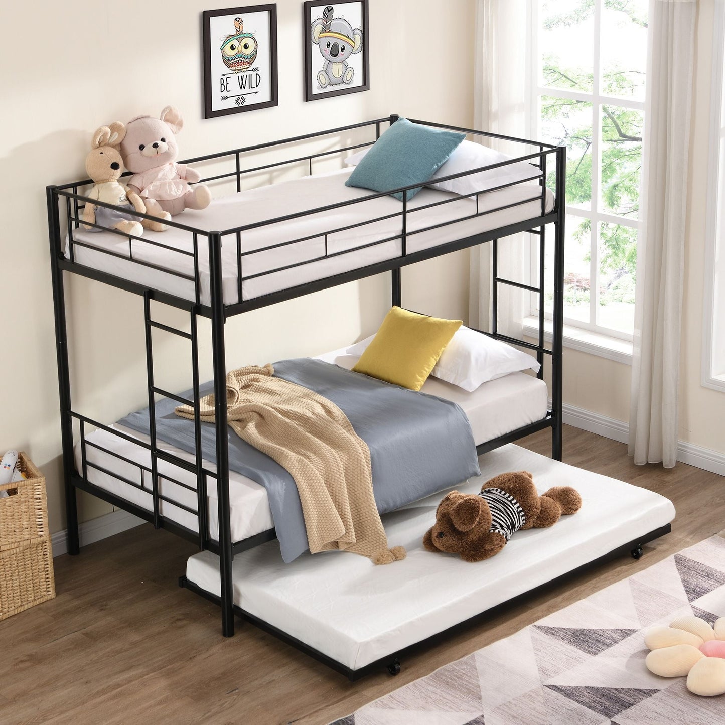Heavy-Duty Twin Metal Bunk Bed with Trundle and Guard Rail, Multiple Colors | Just Better Bunk Beds