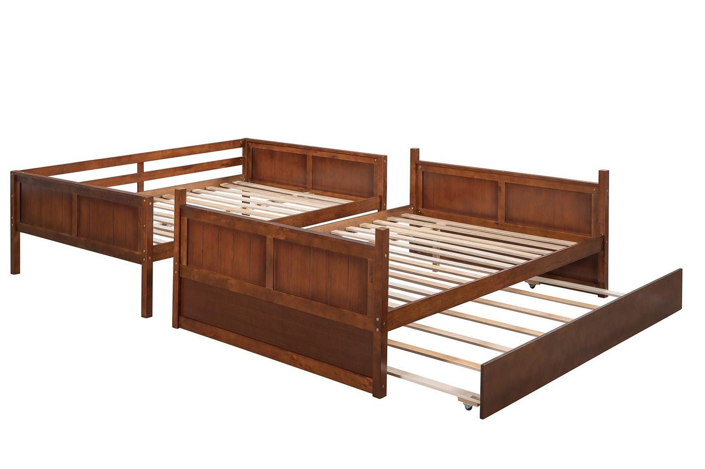 Space-Saving Full Over Full Wood Bunk Bed with Twin Trundle, Walnut | Just Better Bunk Beds