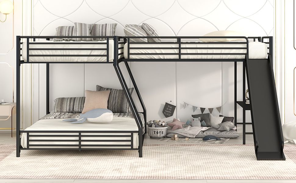 L-Shaped Twin over Full Bunk Bed with Twin Size Loft Bed, Built-in Desk and Slide, Black