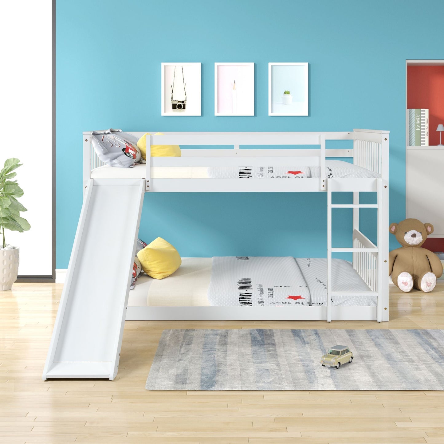 Space-Saving Full Over Full Wood Bunk Bed with Slide and Safety Guardrails, White | Just Better Bunk Beds