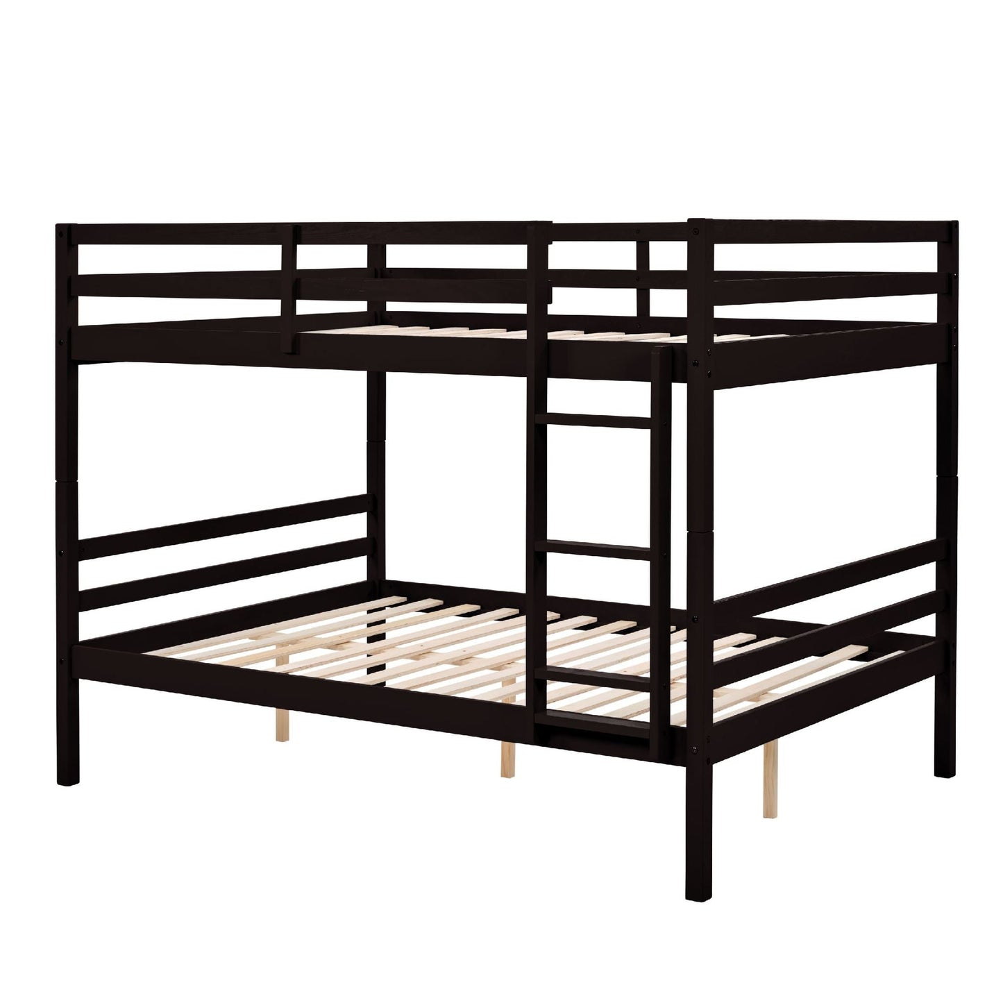 Dorm Room Full Over Full Wood Bunk Bed with Ladder and Guardrail, Espresso | Just Better Bunk Beds