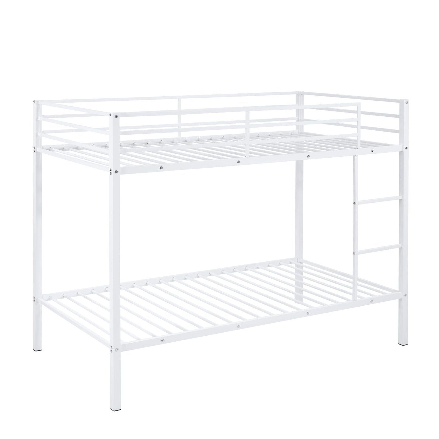 Space-Saving Low Profile Twin Over Twin Metal Bunk Bed with Ladder, White | Just Better Bunk Beds