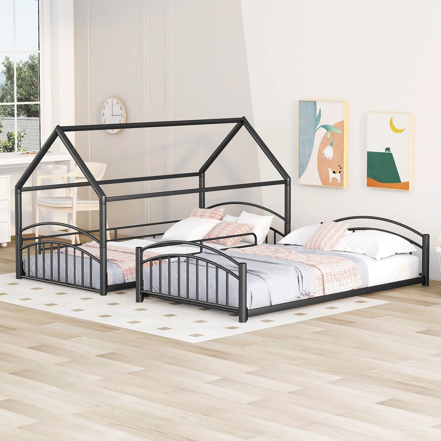 Kids Bedroom Twin Over Twin Metal Bunk Bed with Slide, Black | Just Better Bunk Beds