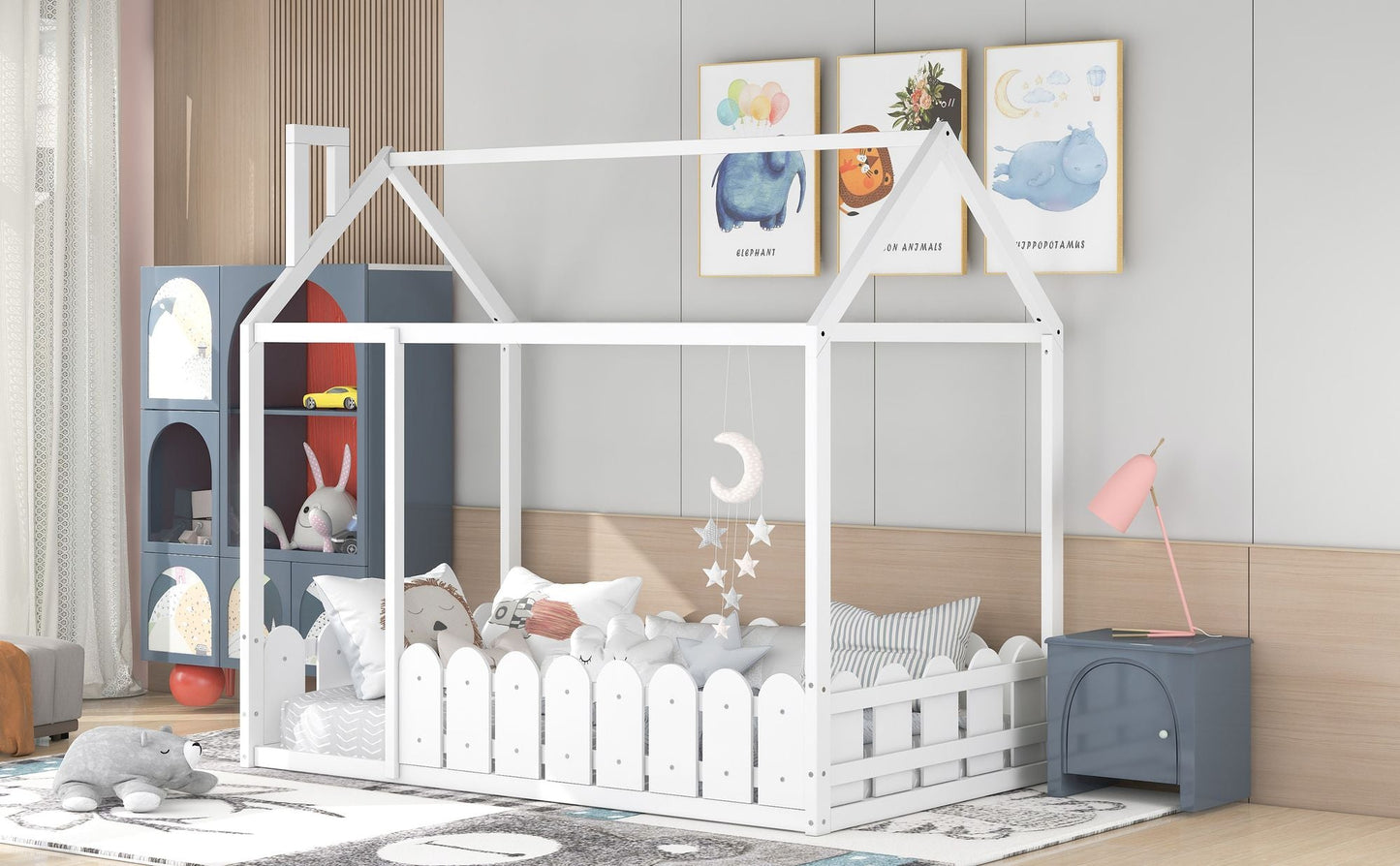 House-Style Twin Wood Bed Frame with Fence for Kids and Teens, Espresso, Gray, White | Just Better Bunk Beds