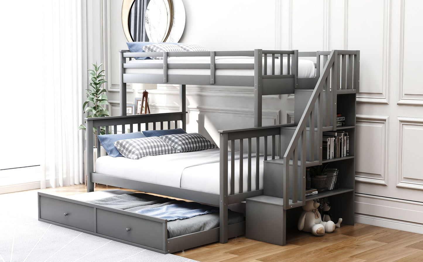 Staircase Storage Twin Over Full Wood Bunk Bed with Trundle, Storage, and Guard Rail, Gray | Just Better Bunk Beds
