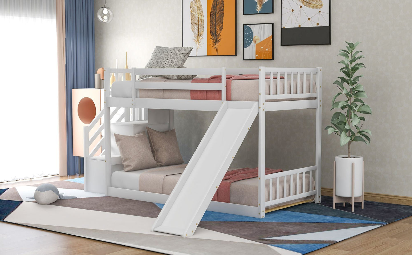 Convertible Twin Over Twin Wood Bunk Bed with Slide and Stairway, White | Just Better Bunk Beds