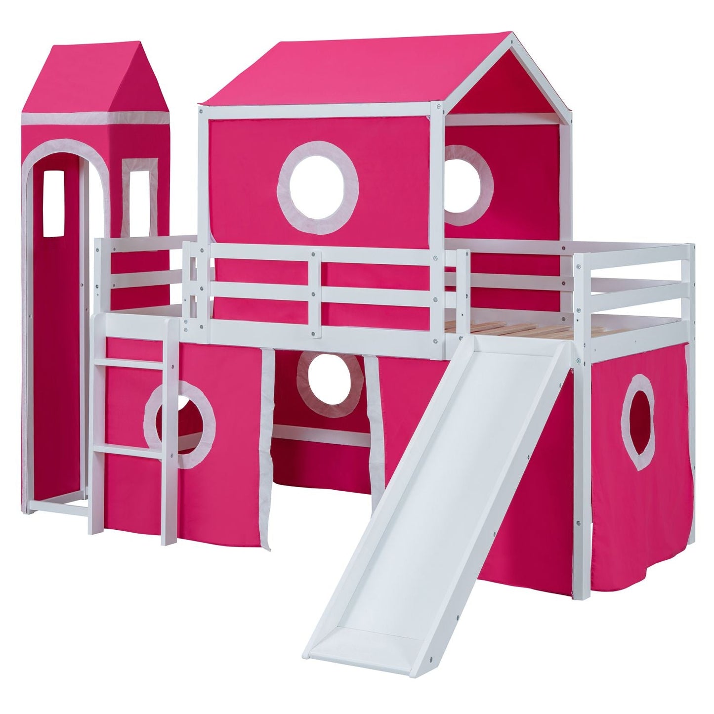 Kids Bedroom Twin Loft Bed with Slide, Pink Tent and Tower, Pink Wood | Just Better Bunk Beds
