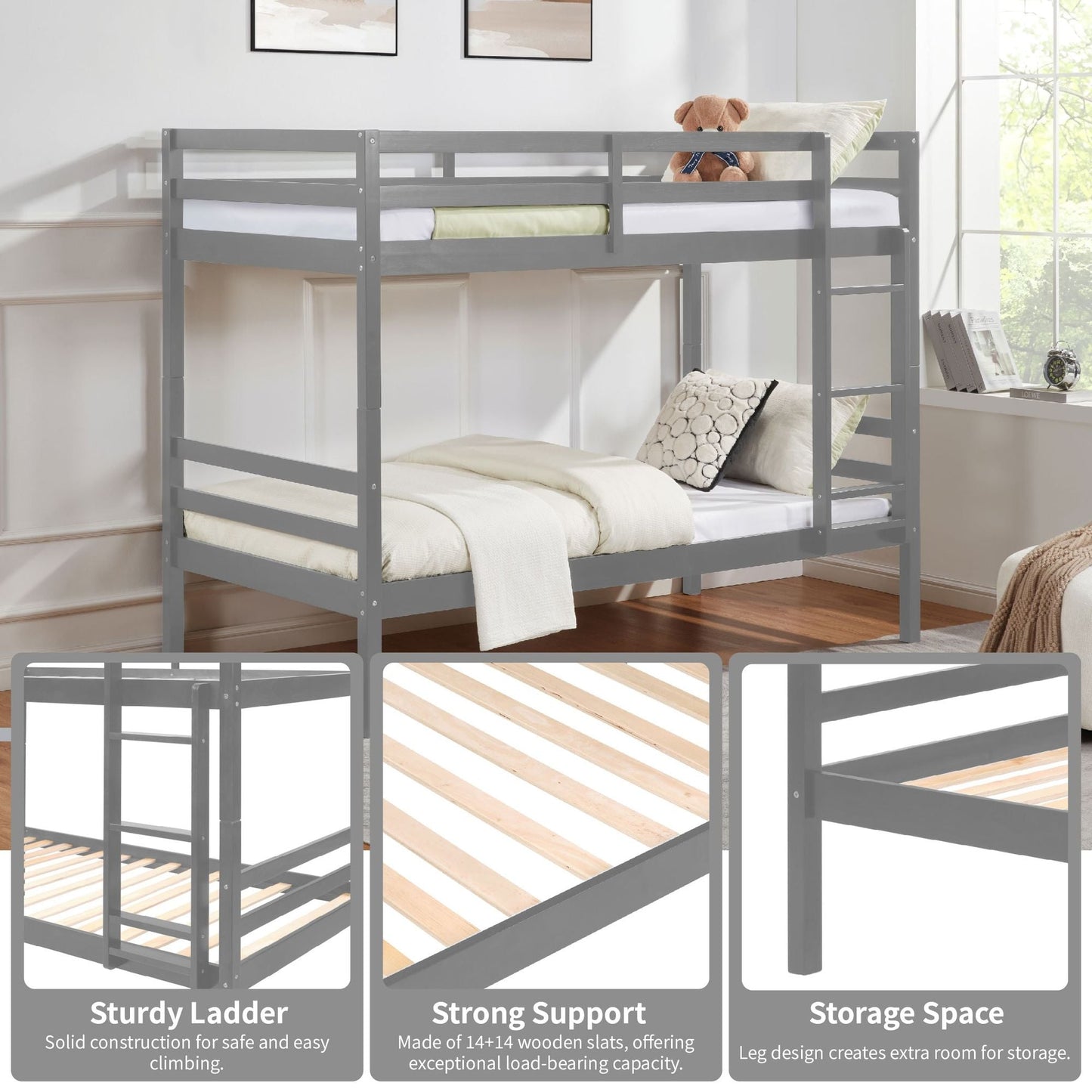 Twin over Twin Bunk Bed with Ladder,Wooden Bunk Bed with High Guardrail and Ladder for Kids, Teens, Dorm Rooms, and Guest Rooms,No Box Spring Needed,Grey