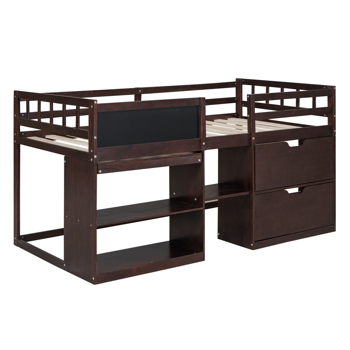 Space-Saving Twin Low Loft Wood Bed with Rolling Desk, Shelf, Drawers, White | Just Better Bunk Beds