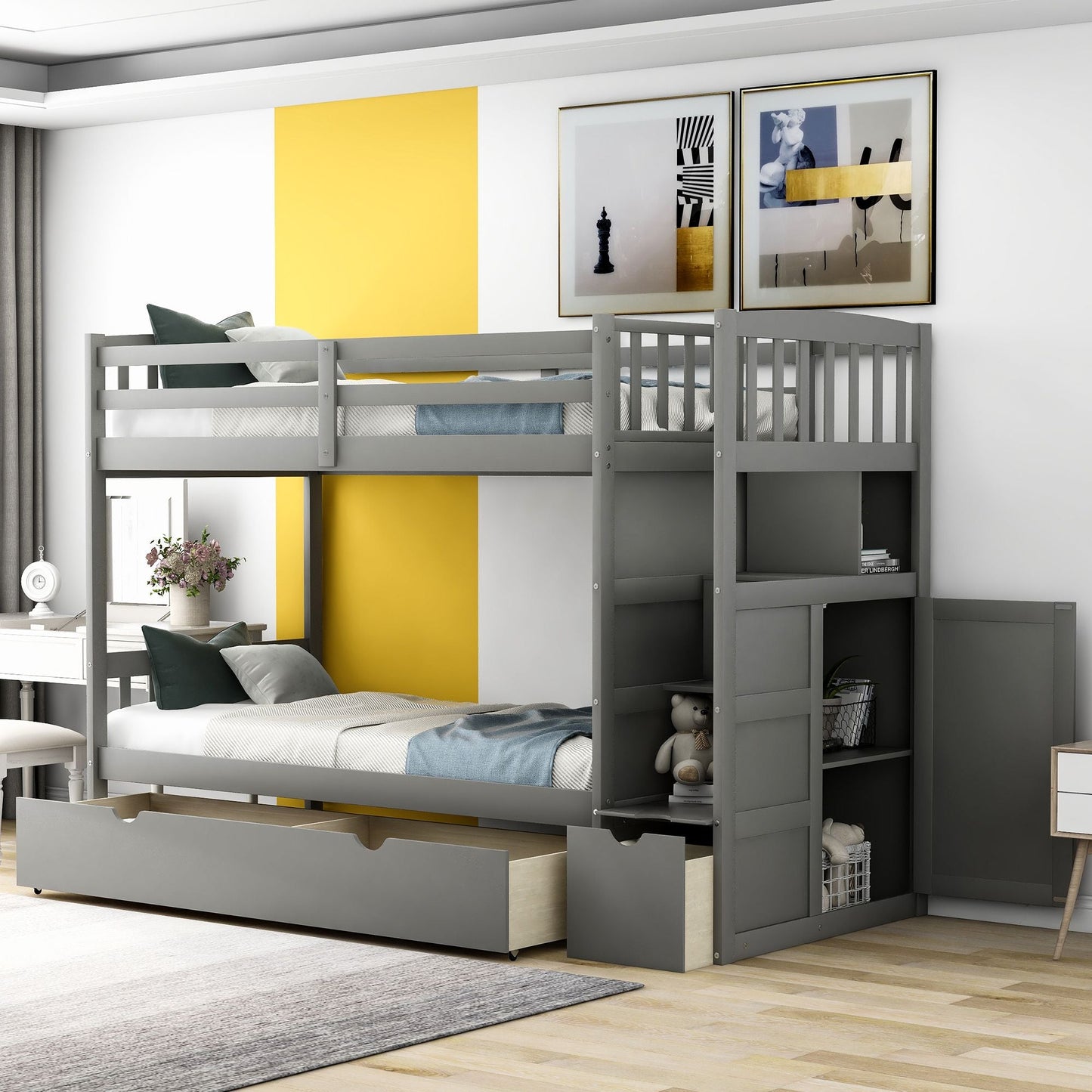 Convertible Twin Over Full/Twin Wood Bunk Bed with Storage Shelves and Drawers, Gray | Just Better Bunk Beds