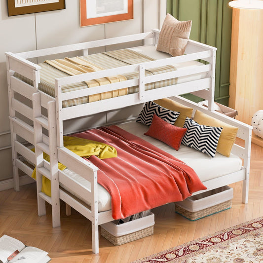 Shared Room Solution Twin XL Over Queen Wood Bunk Bed with Ladder, White | Just Better Bunk Beds