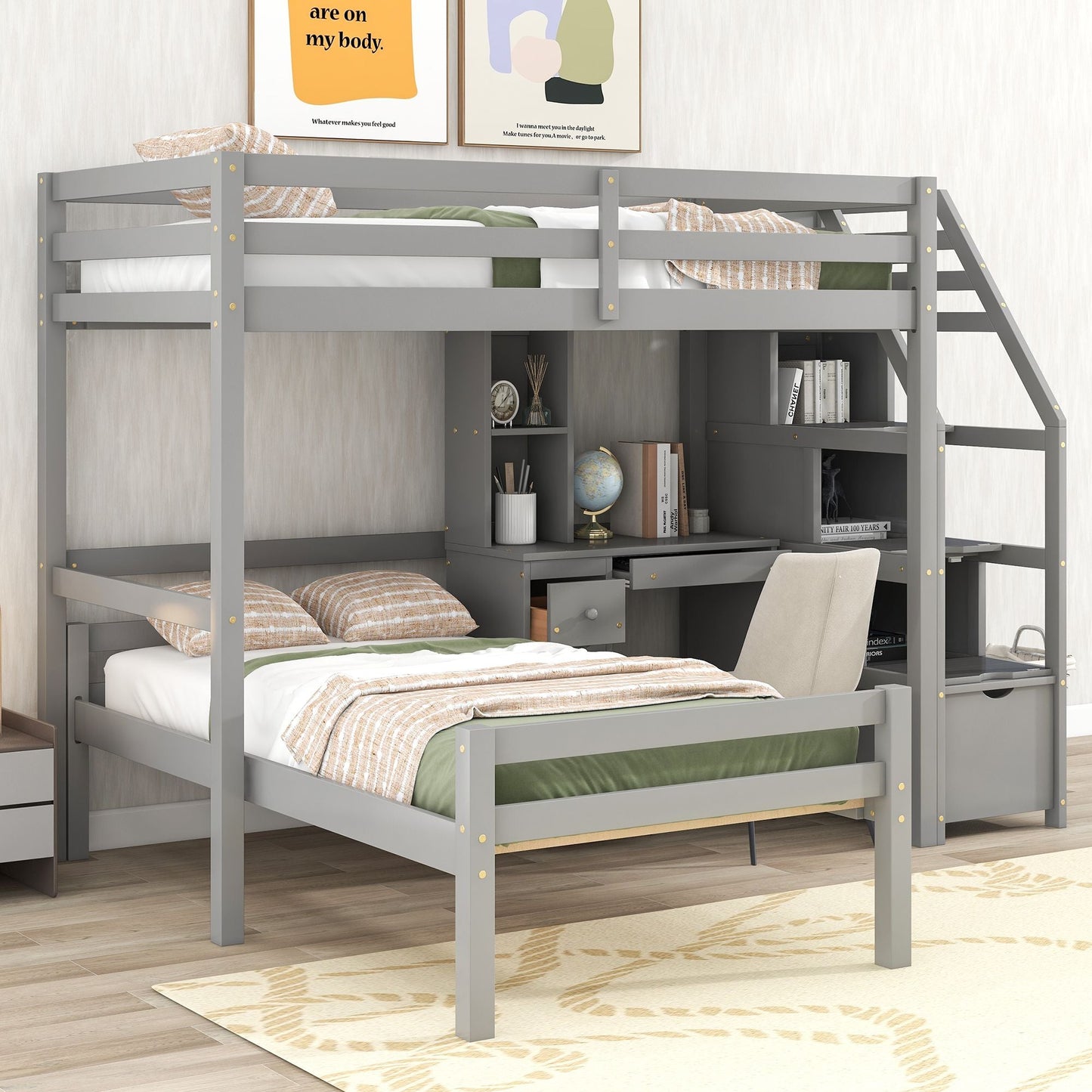 Space-Saving Twin Wood Loft Bed with Stand-Alone Bed, Storage Staircase, Desk, Shelves and Drawers, White | Just Better Bunk Beds