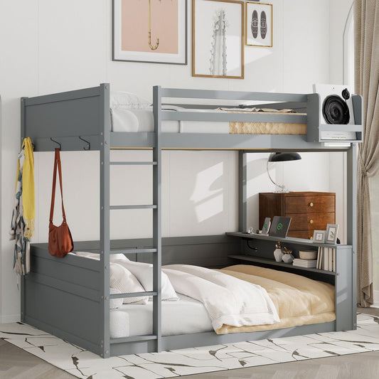 Kids Bedroom Queen Wood Bunk Bed with Built-in Shelves, Storage Box, LED Light, USB Charging, Gray | Just Better Bunk Beds