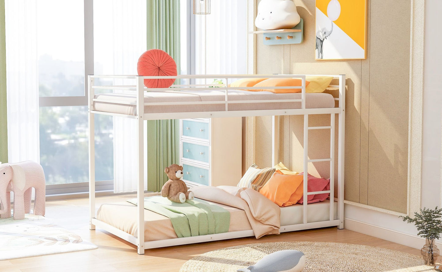 Low Profile Twin Over Twin Metal Bunk Bed with Ladder, White | Just Better Bunk Beds