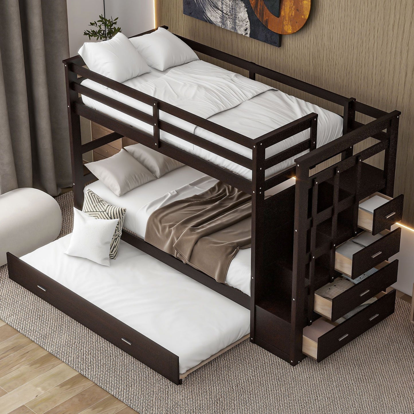 Shared Room Solution Twin Over Twin Wood Bunk Bed with Trundle and Staircase, Espresso | Just Better Bunk Beds