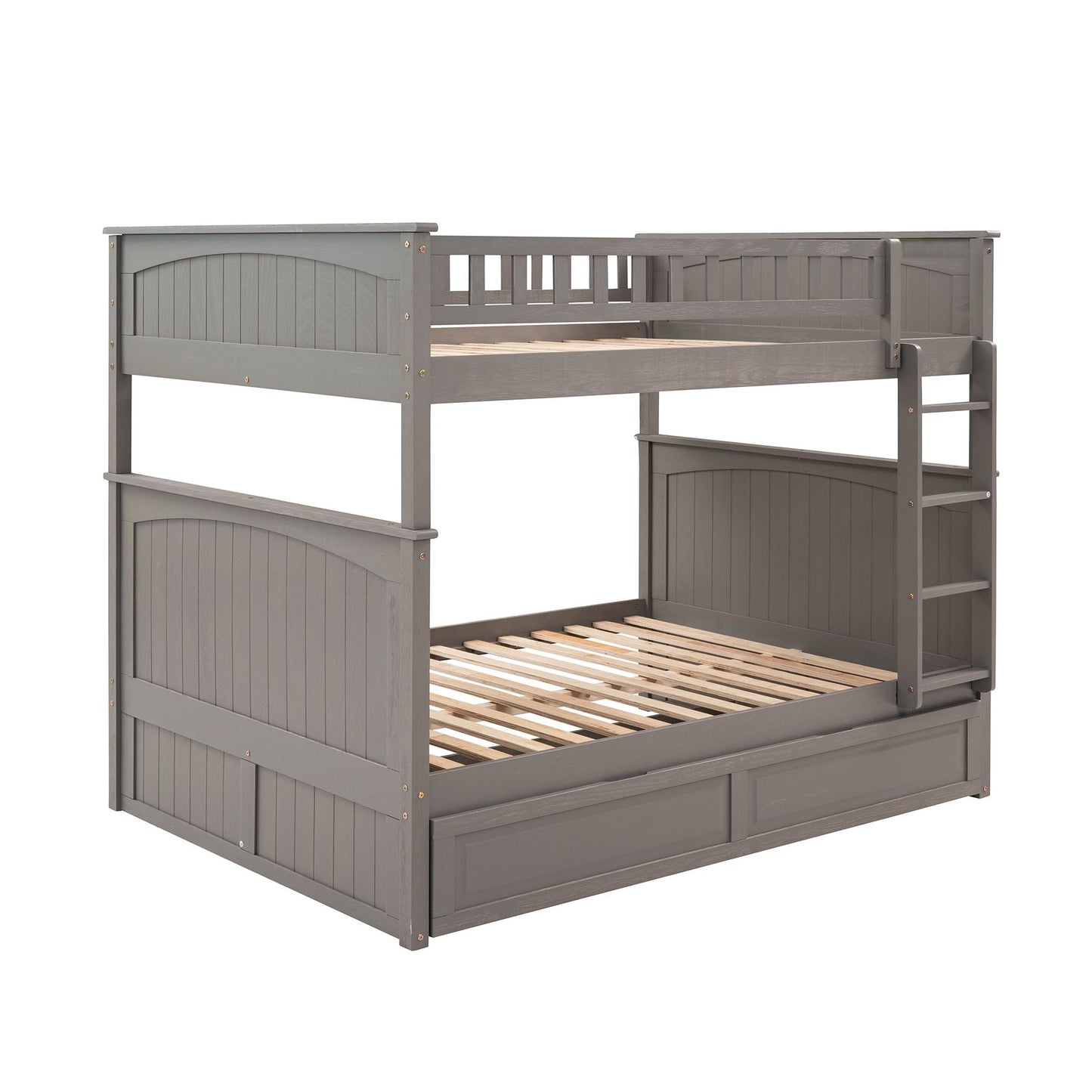 Shared Room Solution Full Over Full Pine Wood Bunk Bed with Twin Trundle and Guardrails, Brushed Gray | Just Better Bunk Beds