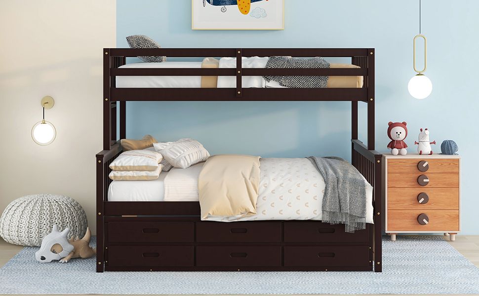 Shared Room Solution Twin Over Full Wood Bunk Bed with Twin Trundle and Drawers, White | Just Better Bunk Beds
