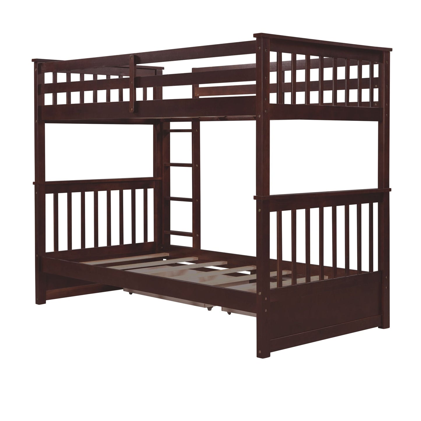 Storage-Enhanced Twin Over Twin Wood Bunk Bed with Ladders, Two Drawers, White | Just Better Bunk Beds