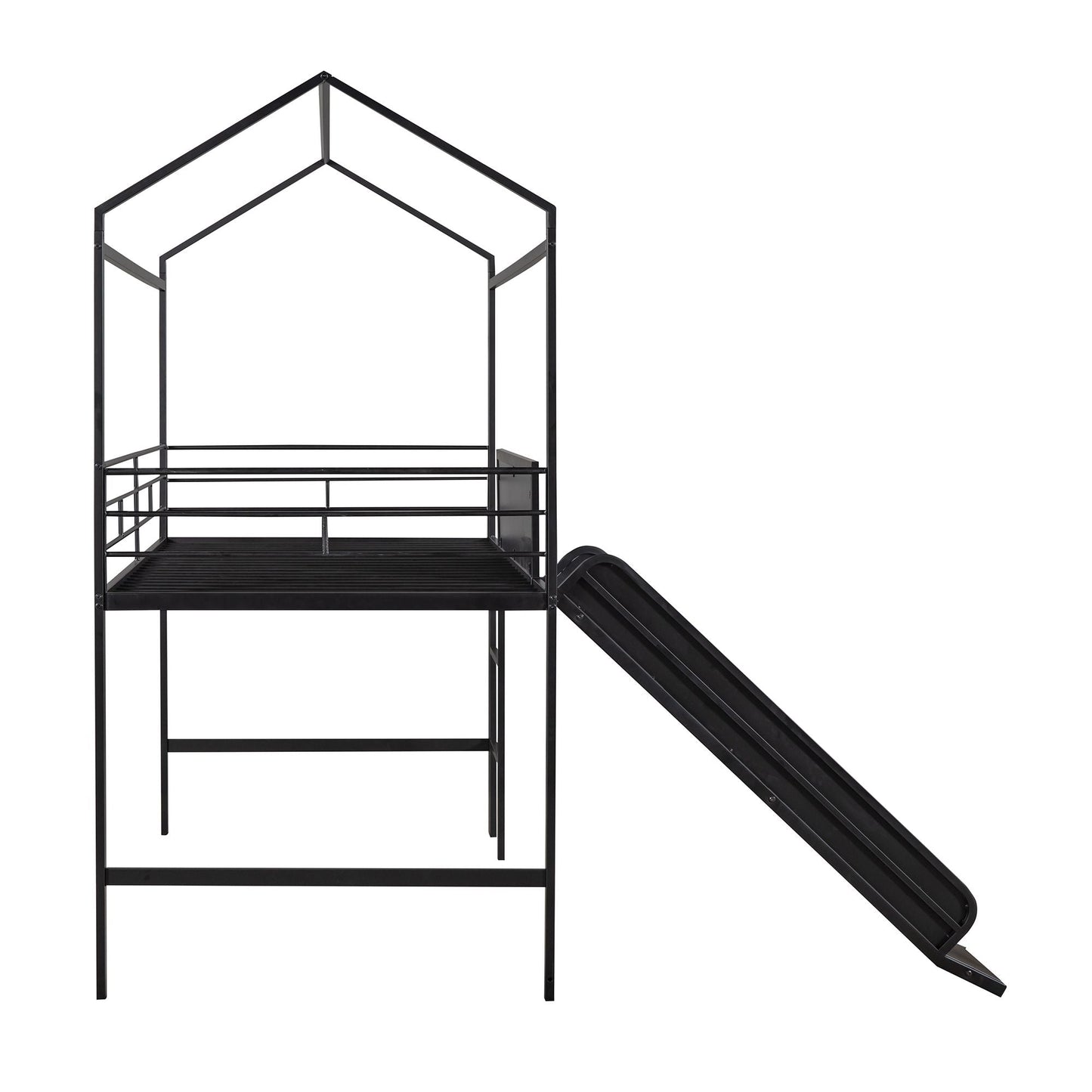 Metal House Bed With Slide,  Twin Size Metal Loft Bed with Two-sided writable Wooden Board (Black )