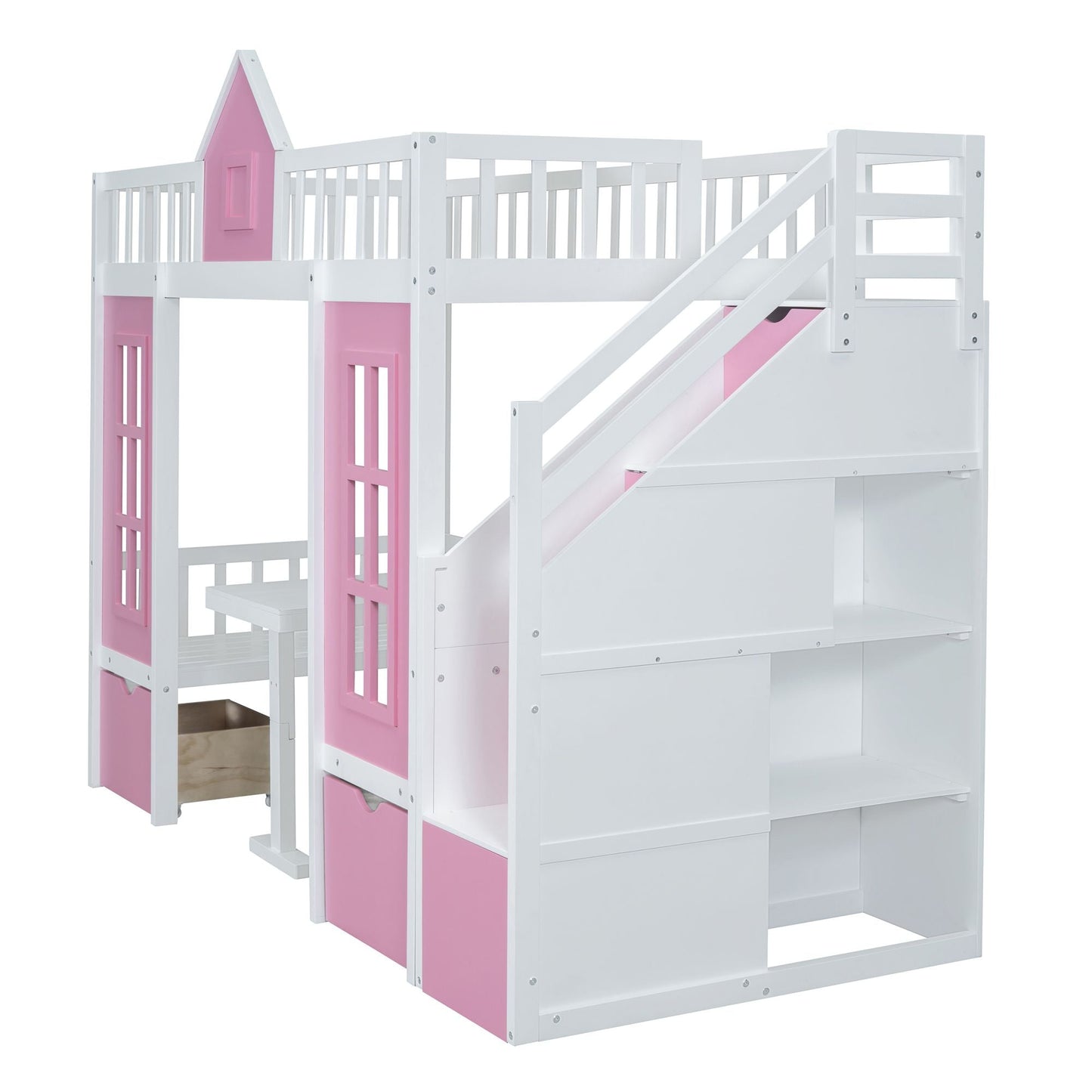 Kids Bedroom Twin Over Twin Wood Bunk Bed with Changeable Table and Desk, Pink | Just Better Bunk Beds