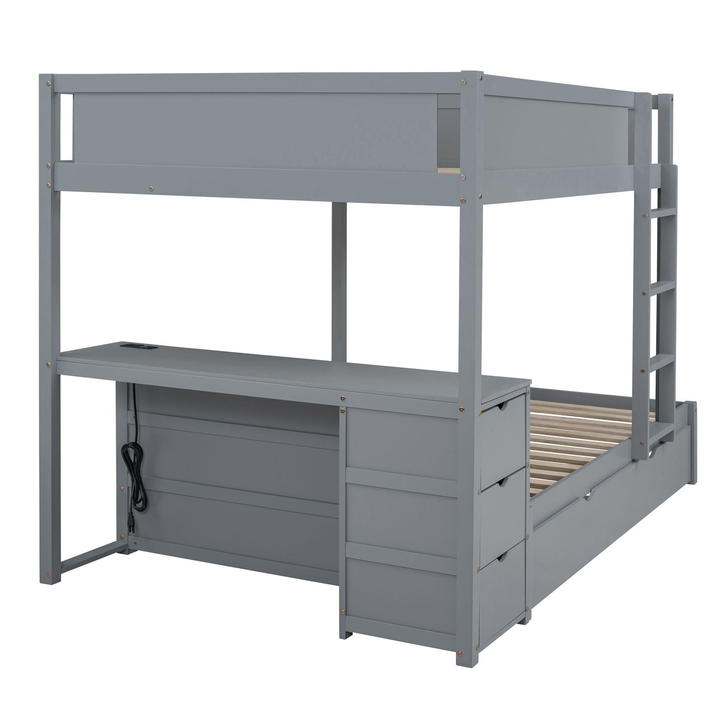 Multi-Functional Full Over Full Wood Bunk Bed with Trundle, Storage, and Desk, Gray | Just Better Bunk Beds