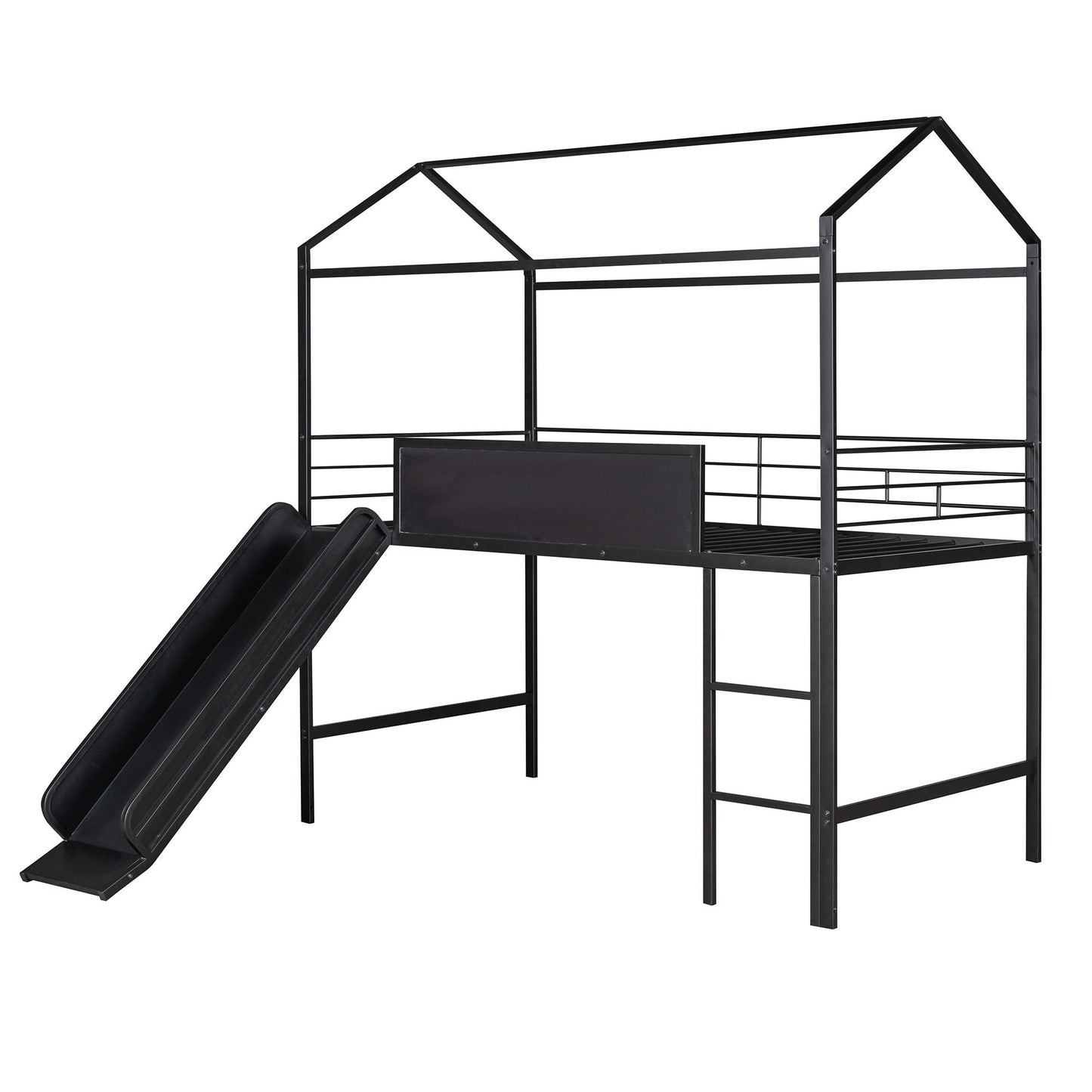 Metal House Bed With Slide,  Twin Size Metal Loft Bed with Two-sided writable Wooden Board (Black )