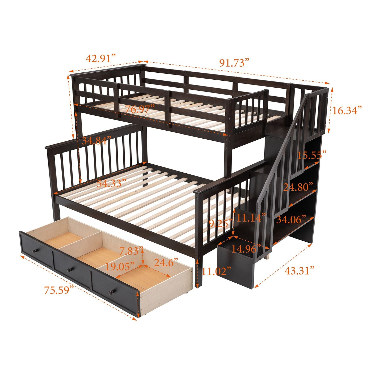 Staircase Storage Twin Over Full Wood Bunk Bed with Drawer, Storage, and Guard Rail, Espresso | Just Better Bunk Beds