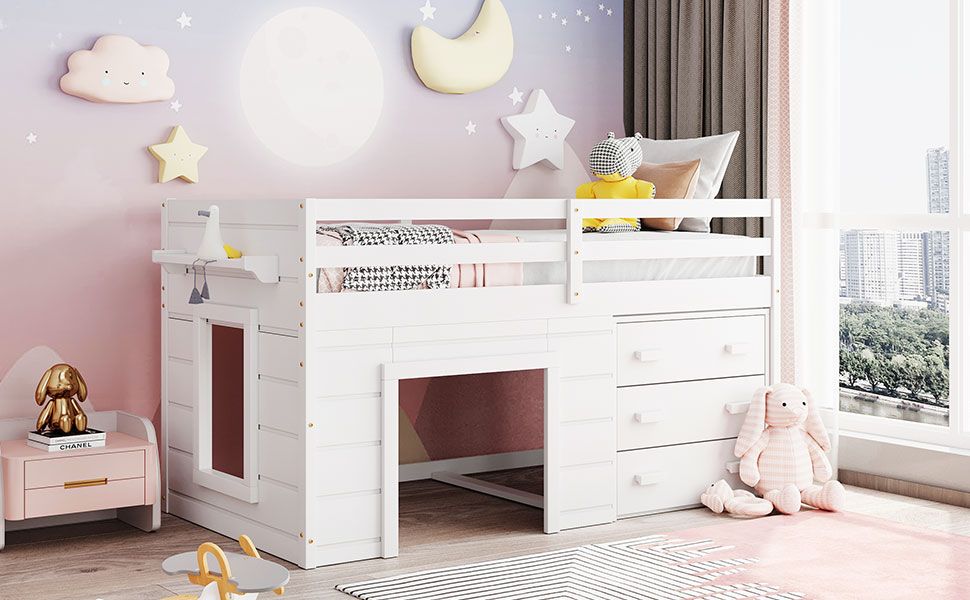 Kids Bedroom Twin Wood Loft Bed with Cabinet and Shelf, White | Just Better Bunk Beds