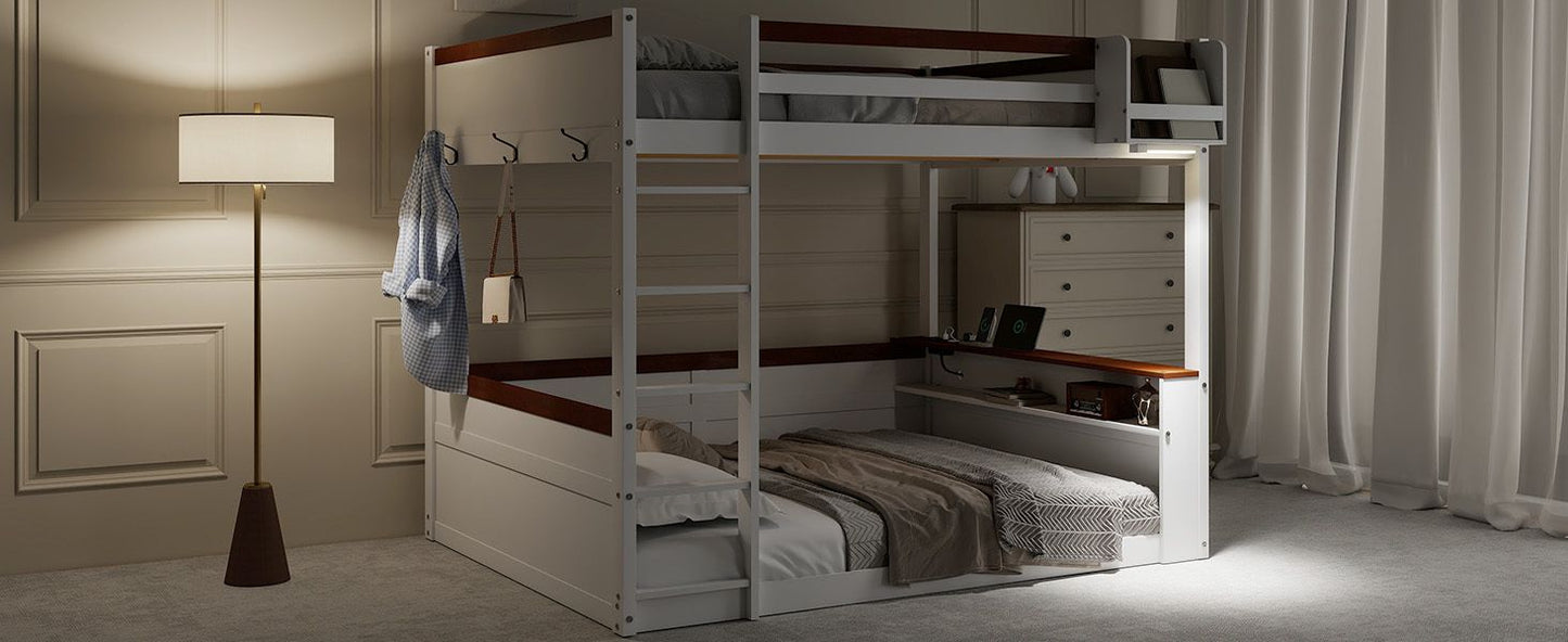 Queen Size Wooden Bunk Bed with Built-in Shelves, Storage Box, LED Light and USB Charging Station, White