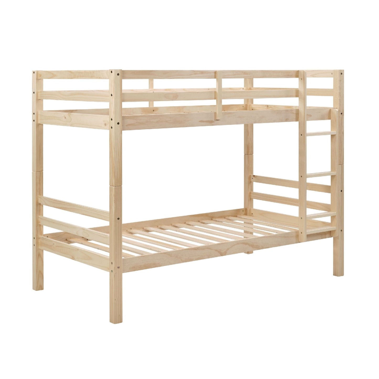 Heavy-Duty Twin Over Twin Wood Bunk Bed, Natural with Thick Posts, Ladder, and High Guardrail | Just Better Bunk Beds