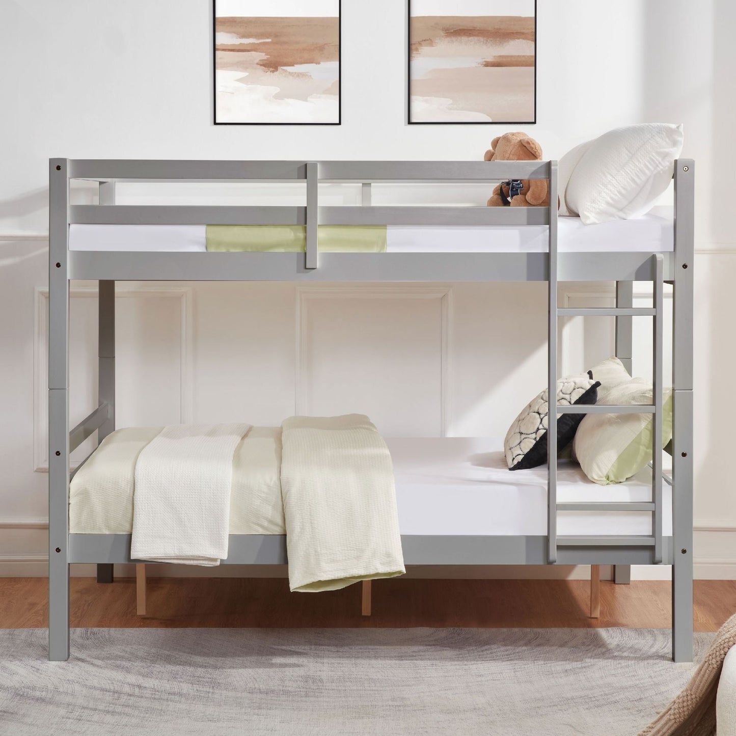 Durable Full Over Full Wood Bunk Bed with Thick Posts, High Guardrail, Ladder, Gray | Just Better Bunk Beds