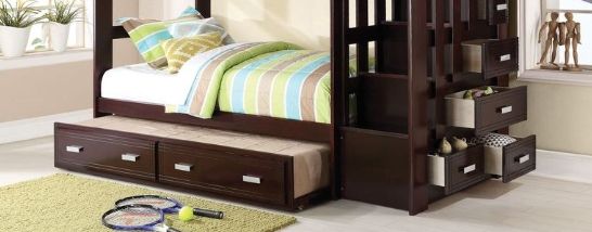 Space-Saving Twin Over Twin Wood Bunk Bed with Trundle and Storage, Espresso | Just Better Bunk Beds